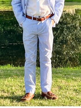 Boys Light Blue Striped Seersucker Dress Pants - Classic Formal Bottoms